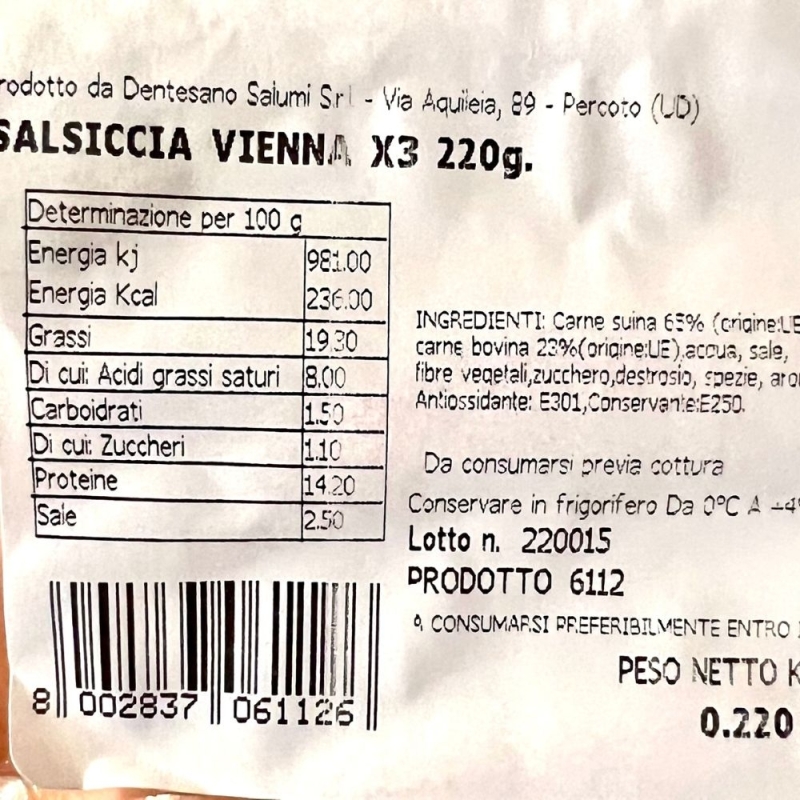 Wurstel Affumicato "Vienna" - Dentesano - 5 pezzi - Wurstel e Salsicce Cotte - Bottega del Friuli