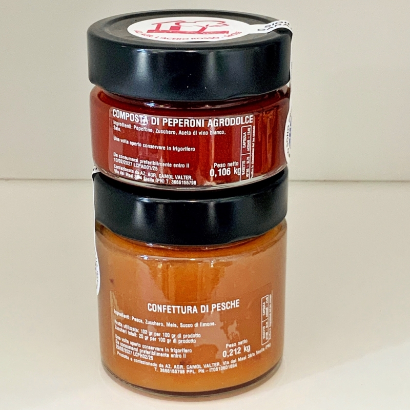 Confettura di Pesche e Composta di peperoni in agrodolce - L'Acero Rosso - I prodotti Bottega del Friuli a Marchio BLU IOSONOFVG - Bottega del Friuli